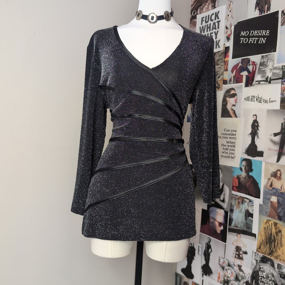 Metallic Glitter Long Sleeve Wrap Y2k Top